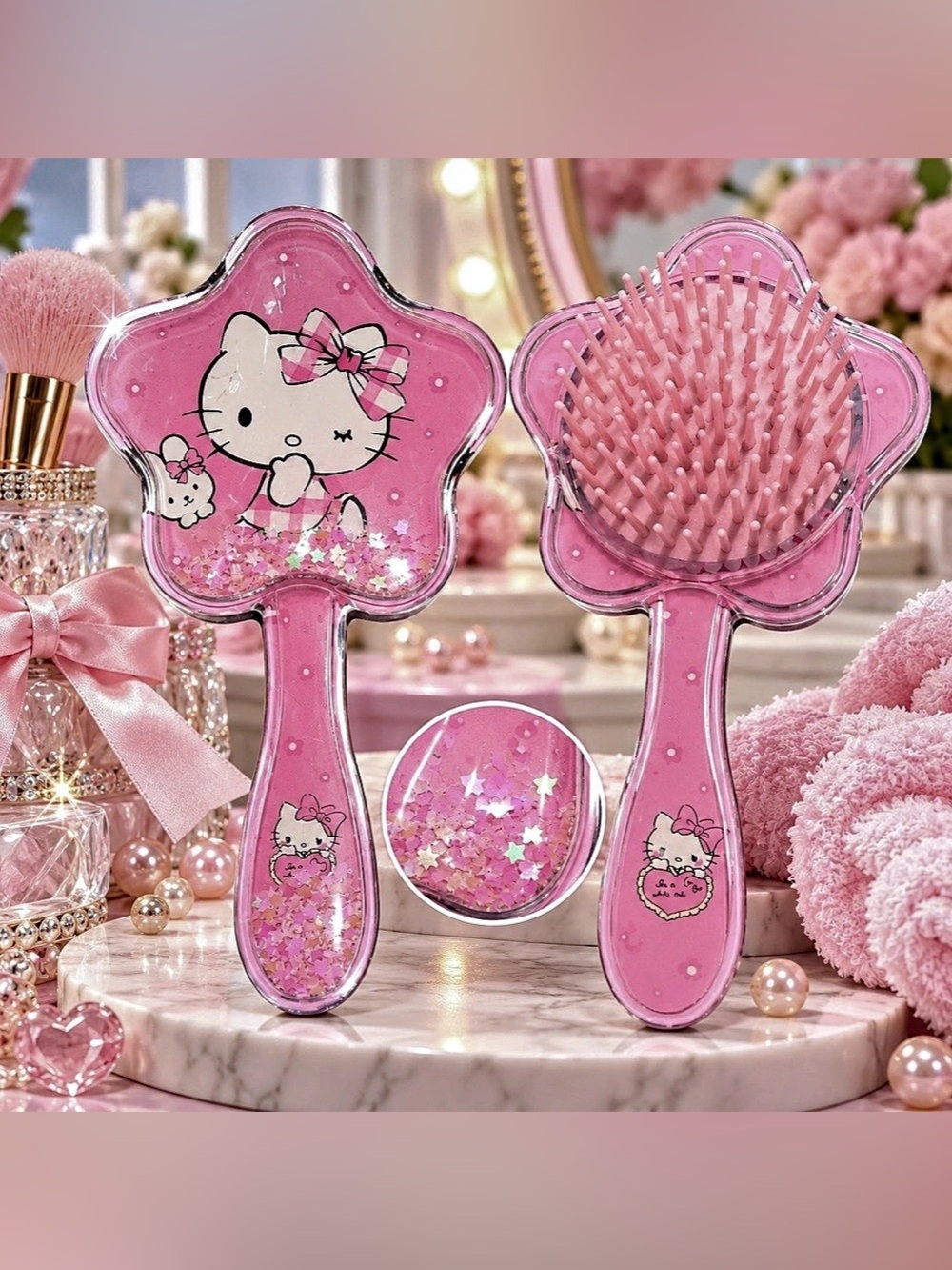 Sanrio Hello Kitty Star Liquid Glitter Hair Brush Set Pink NIB